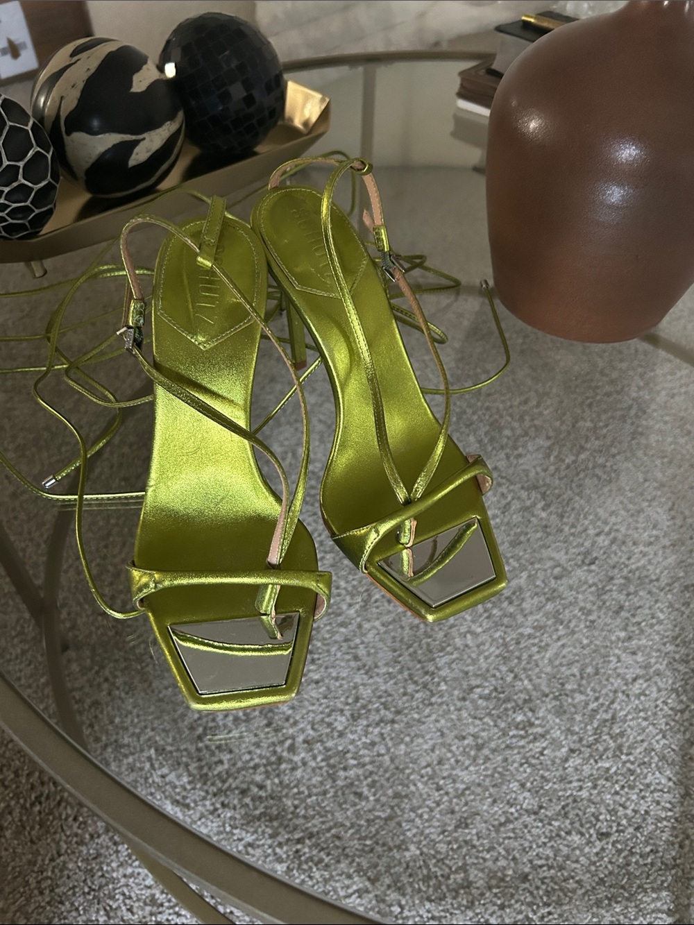 SCHUTZ Lime Green Strappy Square-Toe Lace-Up Heels